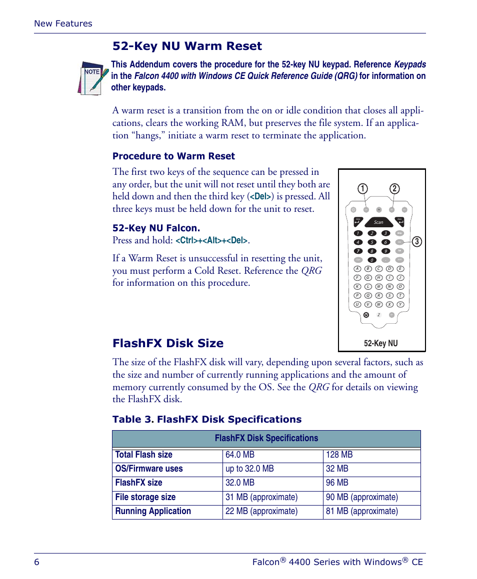 Key nu warm reset, Flashfx disk size, Key nu warm reset flashfx disk size | Press and hold, Procedure to warm reset, Key nu falcon, Ctrl>+<alt>+<del, Table 3, New features 6 falcon, 4400 series with windows | PSC Falcon 4410 User Manual | Page 8 / 16
