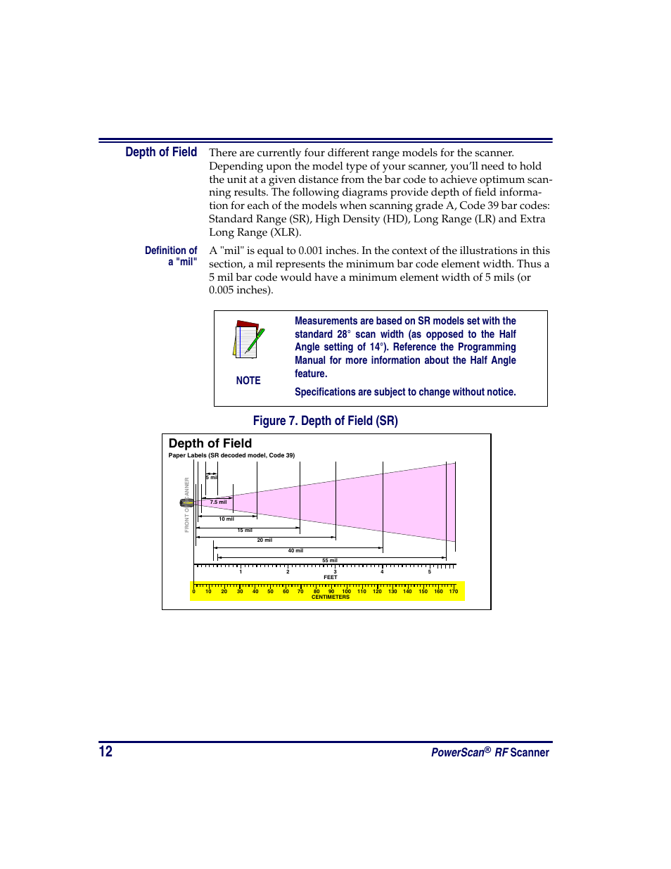 Depth of field, Definition of a "mil, Figure 7. depth of field (sr) | Powerscan, Rf scanner | PSC PowerScan RF User Manual | Page 20 / 36