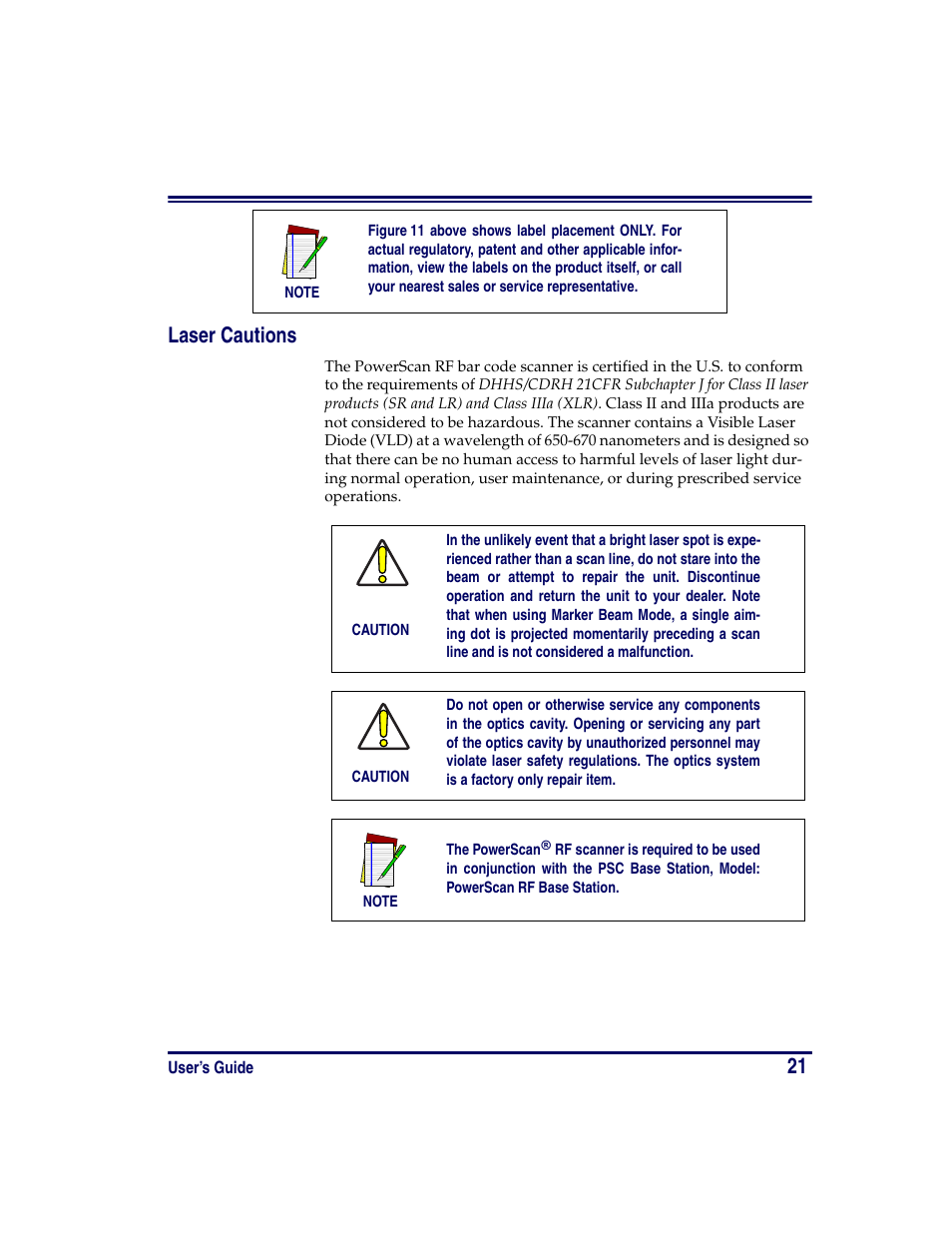 Laser cautions, 21 laser cautions | PSC PowerScan RF User Manual | Page 29 / 36