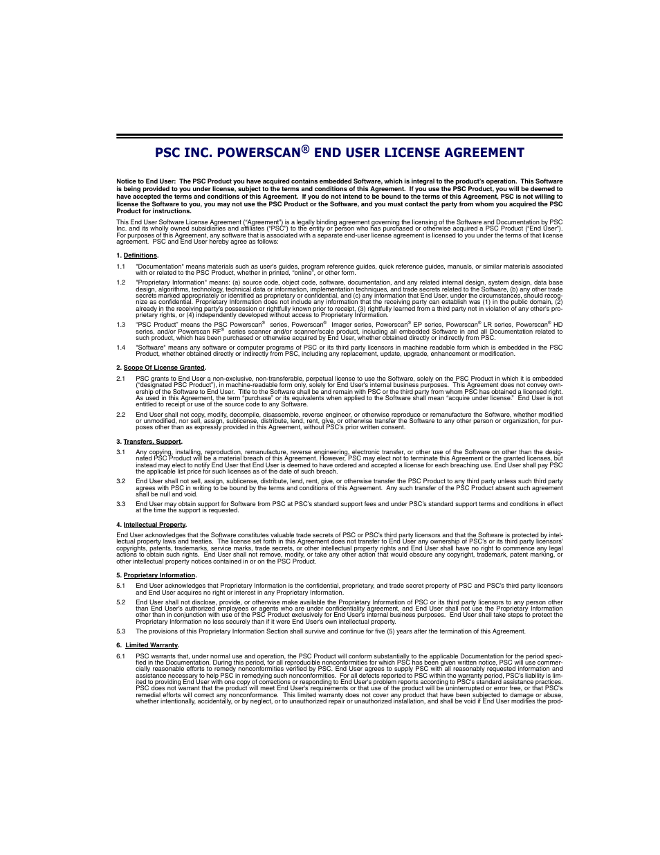 Psc inc. powerscan, End user license agreement | PSC PowerScan RF User Manual | Page 3 / 36