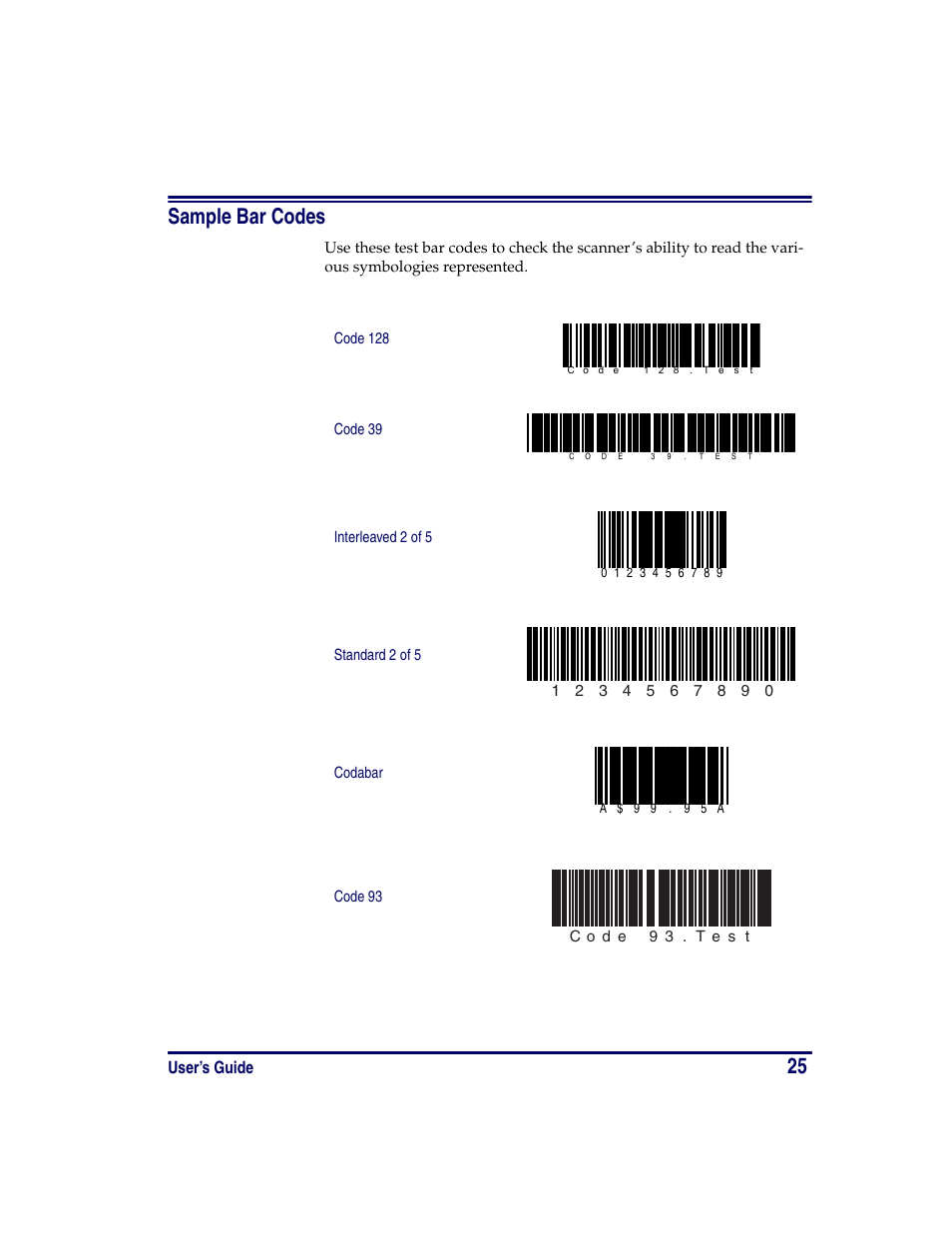 Sample bar codes, 25 sample bar codes, User’s guide | PSC PowerScan RF User Manual | Page 33 / 36