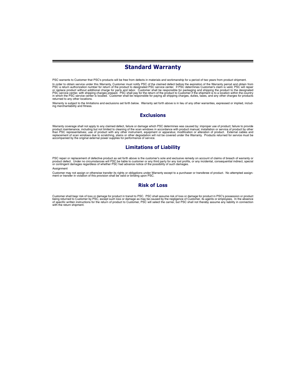 Standard warranty, Exclusions, Limitations of liability | Risk of loss | PSC PowerScan RF User Manual | Page 5 / 36