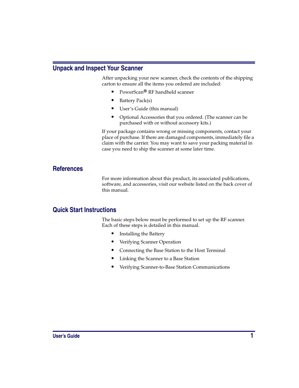 Unpack and inspect your scanner, References, Quick start instructions | 1unpack and inspect your scanner | PSC PowerScan RF User Manual | Page 9 / 36