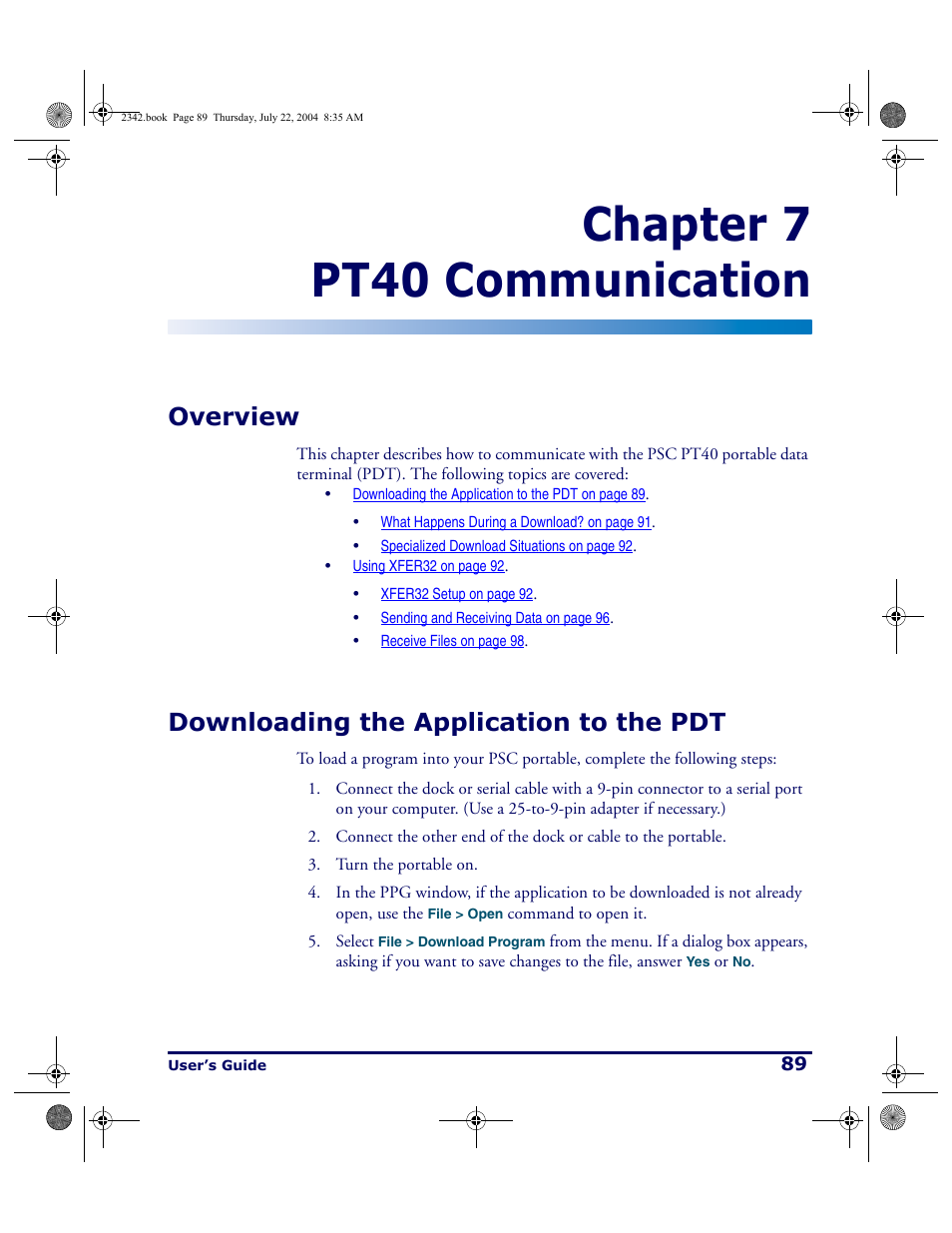 Pt40 communication, Overview, Downloading the application to the pdt | Overview downloading the application to the pdt, Chapter 7 pt40 communication | PSC PT Program Generator User Manual | Page 101 / 204