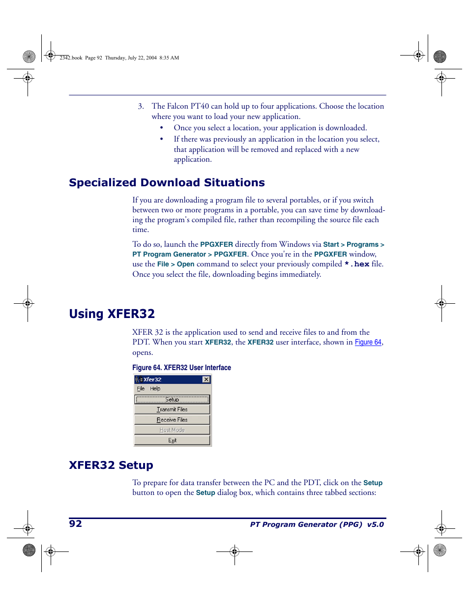 Specialized download situations, Using xfer32, Xfer32 setup | PSC PT Program Generator User Manual | Page 104 / 204