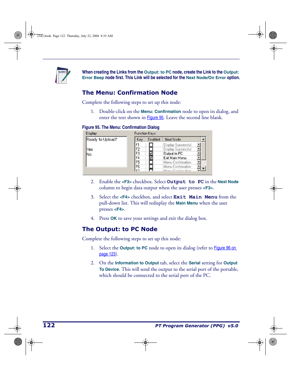The menu: confirmation node, The output: to pc node, The menu: confirmation node the output: to pc node | PSC PT Program Generator User Manual | Page 134 / 204