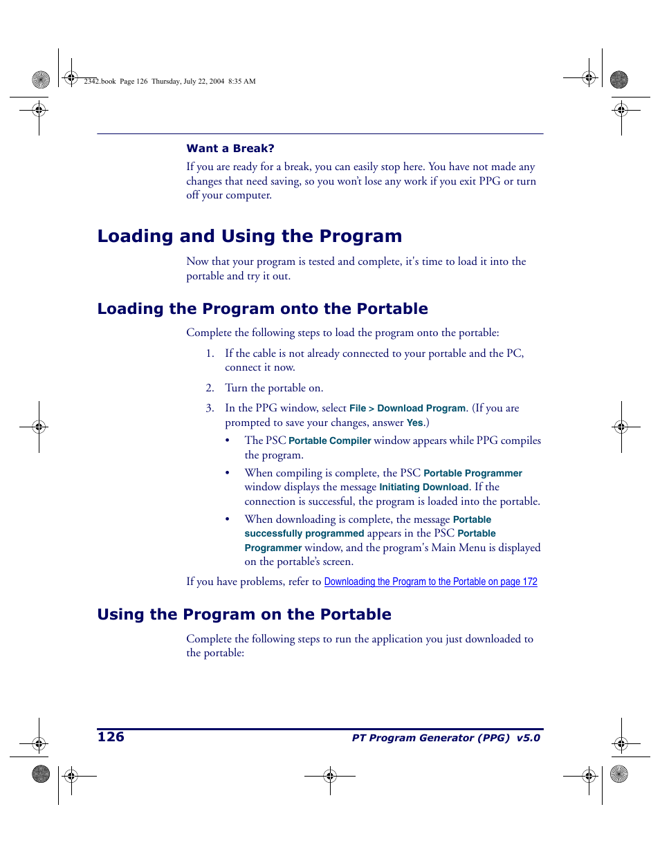 Loading and using the program, Loading the program onto the portable, Using the program on the portable | PSC PT Program Generator User Manual | Page 138 / 204