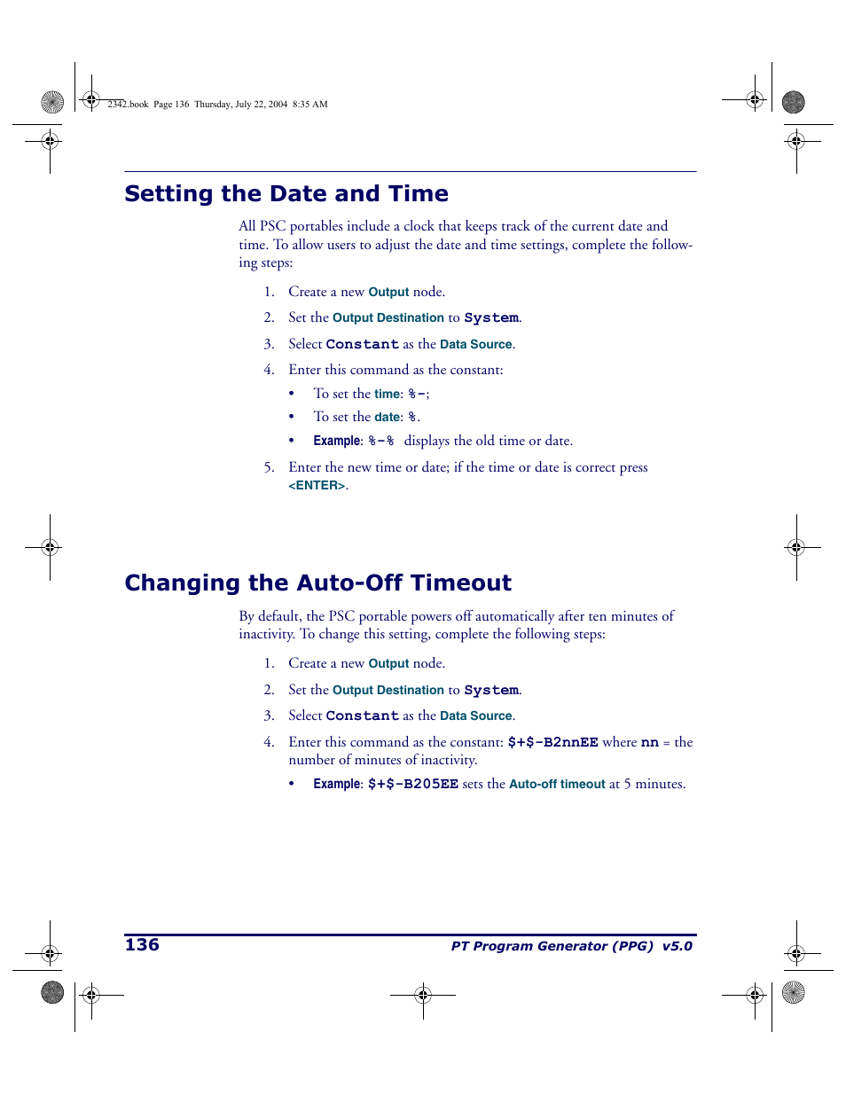 Setting the date and time, Changing the auto-off timeout | PSC PT Program Generator User Manual | Page 148 / 204