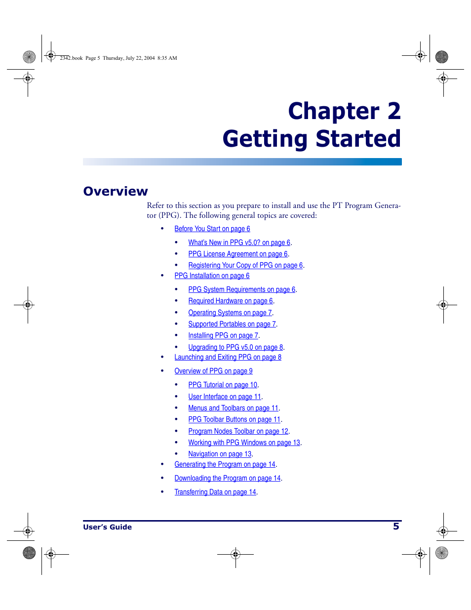 Getting started, Overview, Chapter 2 getting started | PSC PT Program Generator User Manual | Page 17 / 204