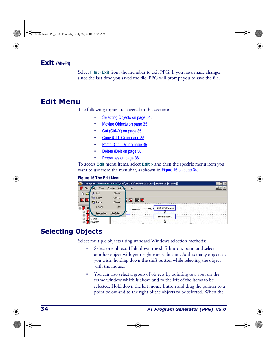 Exit (alt+f4), Edit menu, Selecting objects | Exit | PSC PT Program Generator User Manual | Page 46 / 204