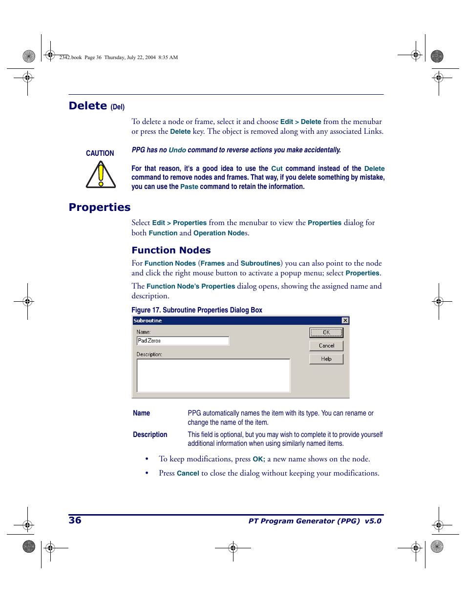 Delete (del), Properties, Function nodes | Delete | PSC PT Program Generator User Manual | Page 48 / 204
