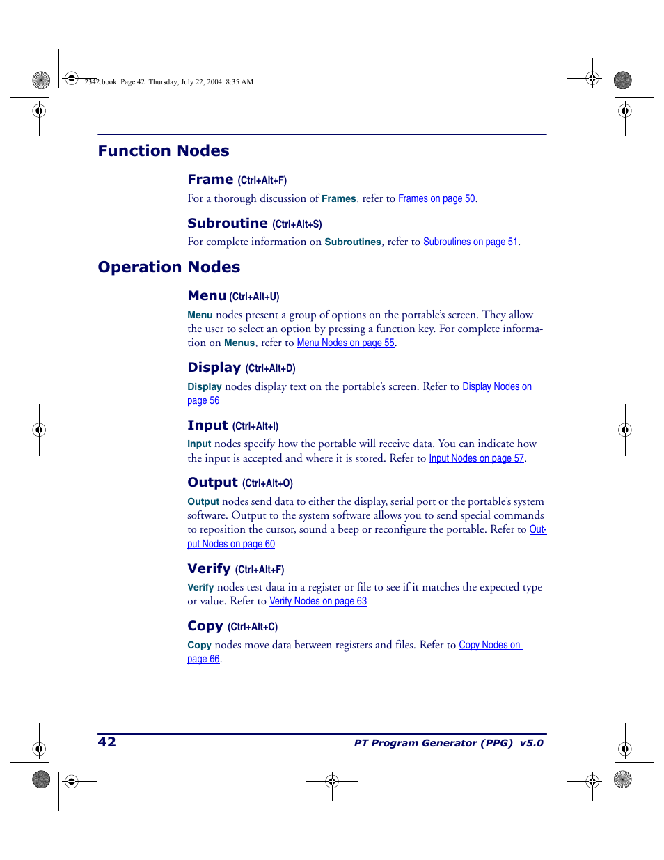 Function nodes, Frame (ctrl+alt+f), Subroutine (ctrl+alt+s) | Operation nodes, Menu (ctrl+alt+u), Display (ctrl+alt+d), Input (ctrl+alt+i), Output (ctrl+alt+o), Verify (ctrl+alt+f), Copy (ctrl+alt+c) | PSC PT Program Generator User Manual | Page 54 / 204