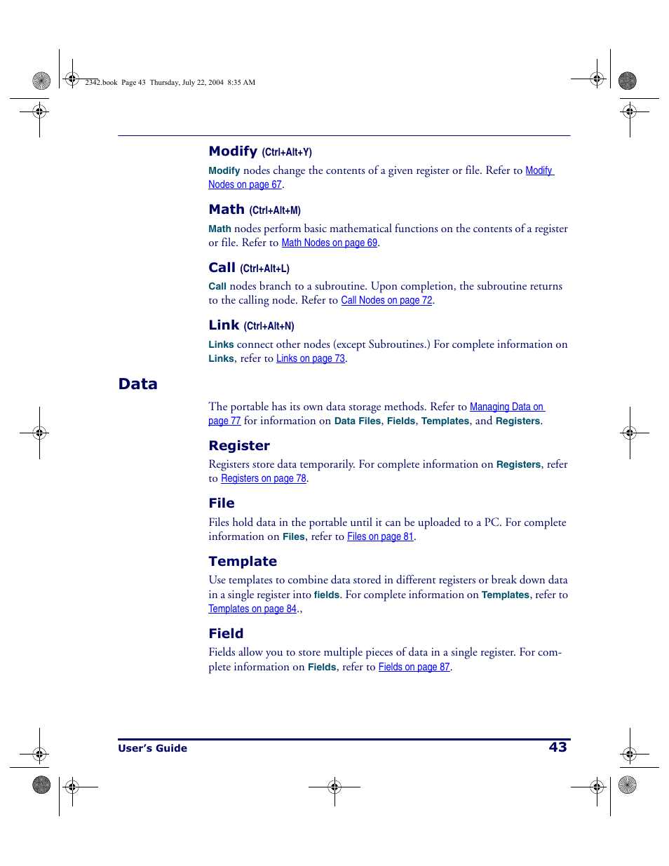 Modify (ctrl+alt+y), Math (ctrl+alt+m), Call (ctrl+alt+l) | Link (ctrl+alt+n), Data, Register, File, Template, Field, Modify | PSC PT Program Generator User Manual | Page 55 / 204