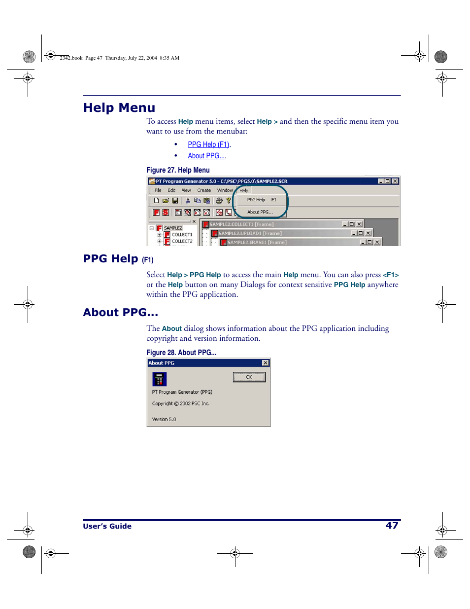 Help menu, Ppg help (f1), About ppg | Ppg help | PSC PT Program Generator User Manual | Page 59 / 204