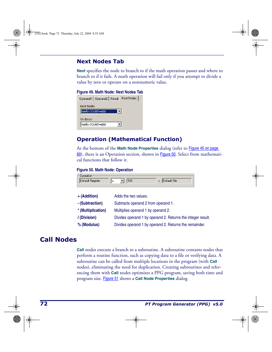 Next nodes tab, Operation (mathematical function), Call nodes | Next nodes tab operation (mathematical function), Efer to, Call, When the subr | PSC PT Program Generator User Manual | Page 84 / 204