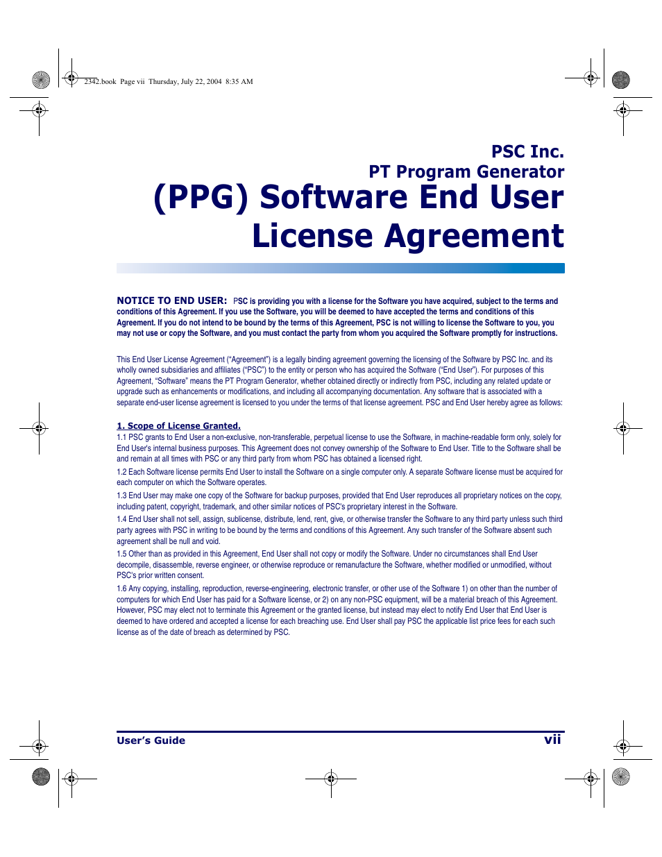 Ppg) software end user license agreement, Psc inc. pt program generator | PSC PT Program Generator User Manual | Page 9 / 204