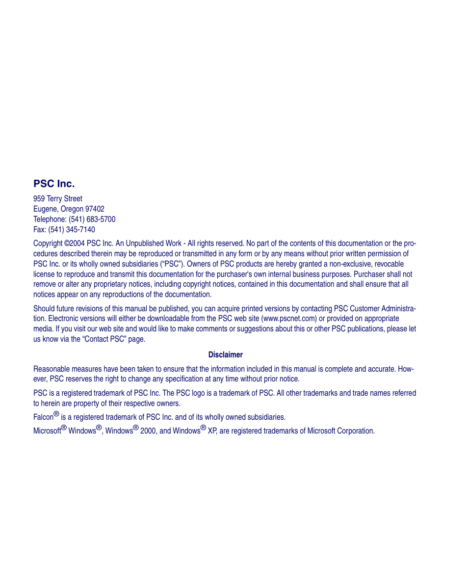 PSC Falcon 4400 Series User Manual | Page 2 / 40