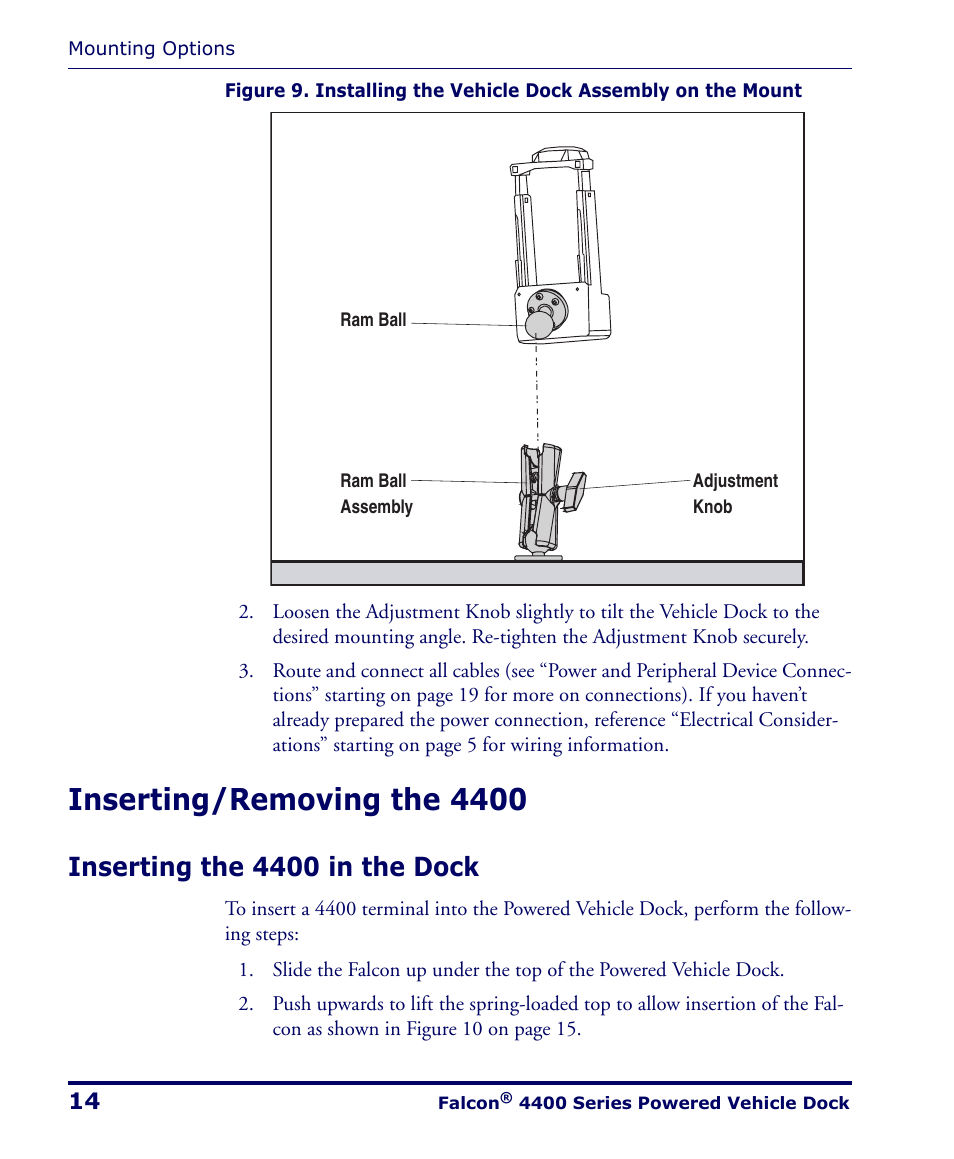 Inserting/removing the 4400, Inserting the 4400 in the dock | PSC Falcon 4400 Series User Manual | Page 20 / 40