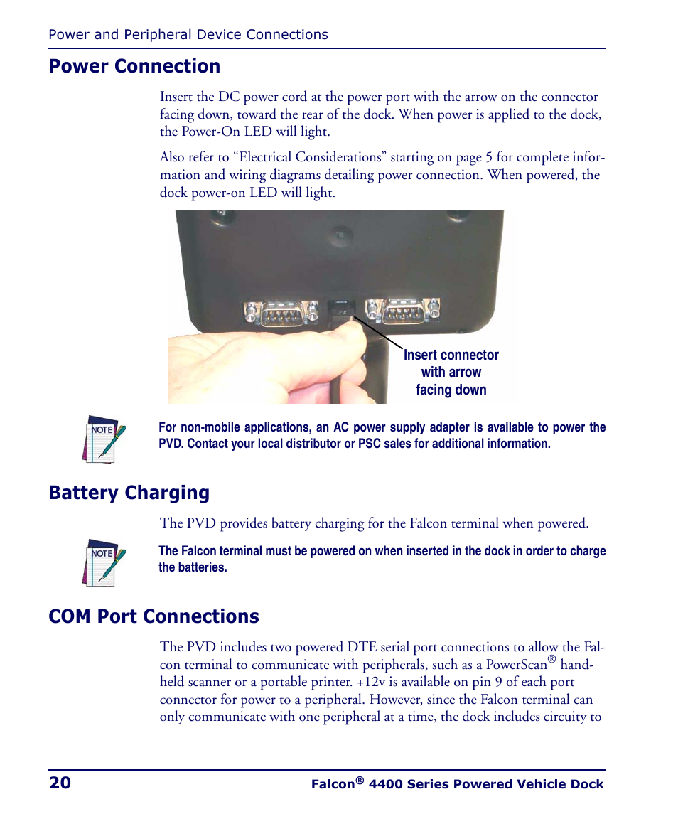 Power connection, Battery charging, Com port connections | PSC Falcon 4400 Series User Manual | Page 26 / 40