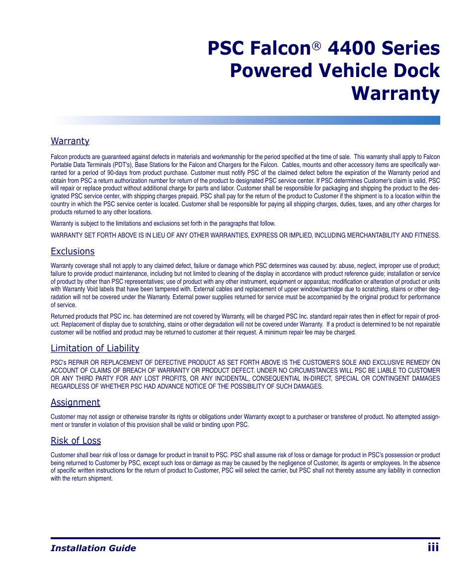 Psc falcon, 4400 series powered vehicle dock warranty | PSC Falcon 4400 Series User Manual | Page 5 / 40