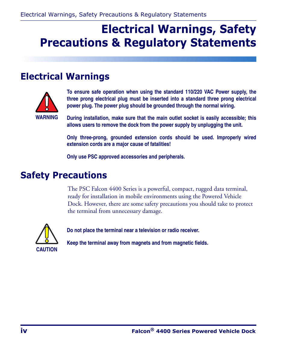 Electrical warnings, Safety precautions, Electrical warnings, safety | Electrical warnings safety precautions | PSC Falcon 4400 Series User Manual | Page 6 / 40
