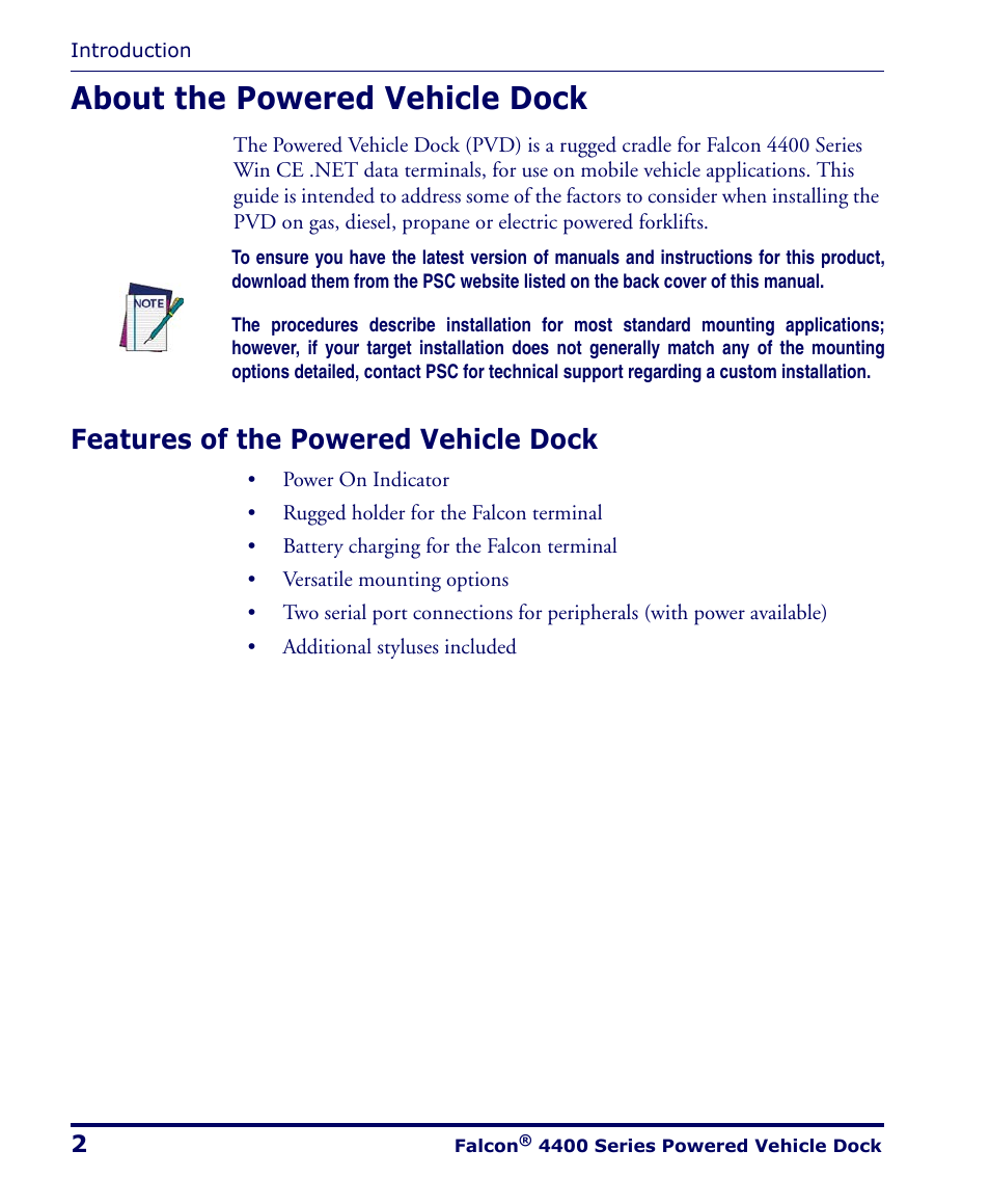 About the powered vehicle dock, Features of the powered vehicle dock | PSC Falcon 4400 Series User Manual | Page 8 / 40
