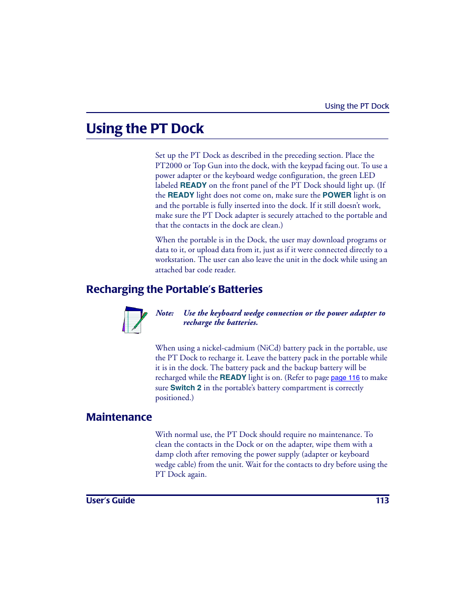 Using the ptdock, Recharging the portable’s batteries, Maintenance | Using the pt dock, Recharging the portable’s batteries maintenance, Us ing the pt dock | PSC PT2000TM User Manual | Page 123 / 168