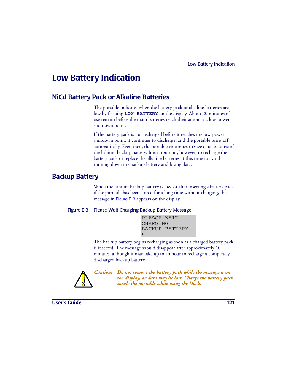 Low battery indication, Nicd battery pack or alkaline batteries, Backup battery | Low ba tte ry indica tion | PSC PT2000TM User Manual | Page 131 / 168