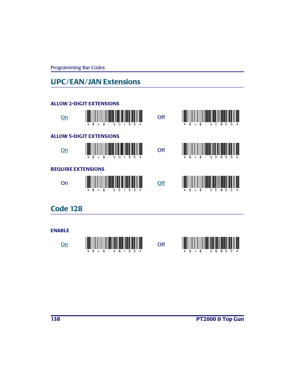 Upc/ean/jan extensions code 128, Upc/ean/jan exte ns ions code 128, 3c1ee | 3c0ee, 3d1ee, 3d0ee, 3e1ee, 3e0ee, 401ee, 400ee | PSC PT2000TM User Manual | Page 148 / 168