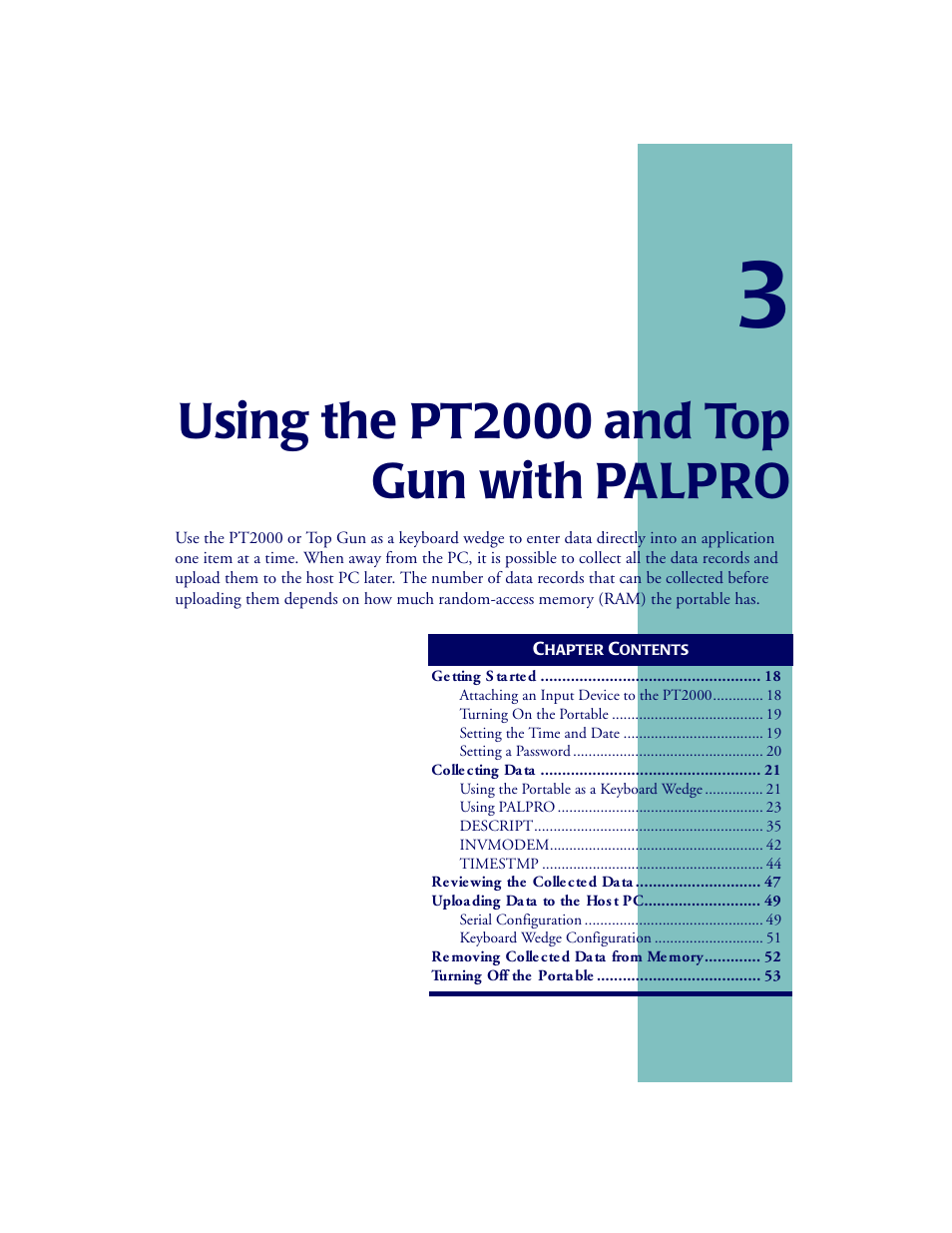 Using palpro, Chapter 3, Using the pt2000 and top gun with palpro | Getting started, Collecting data, Serial configuration keyboard wedge configuration, Chapter 4 | PSC PT2000TM User Manual | Page 27 / 168