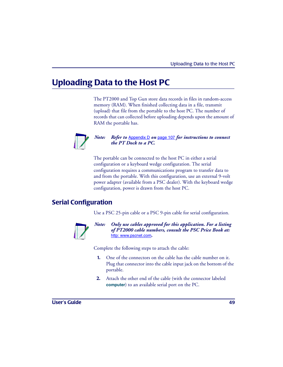 Uploading data to the host pc, Serial configuration, Uploa ding da ta to the hos t pc | PSC PT2000TM User Manual | Page 59 / 168