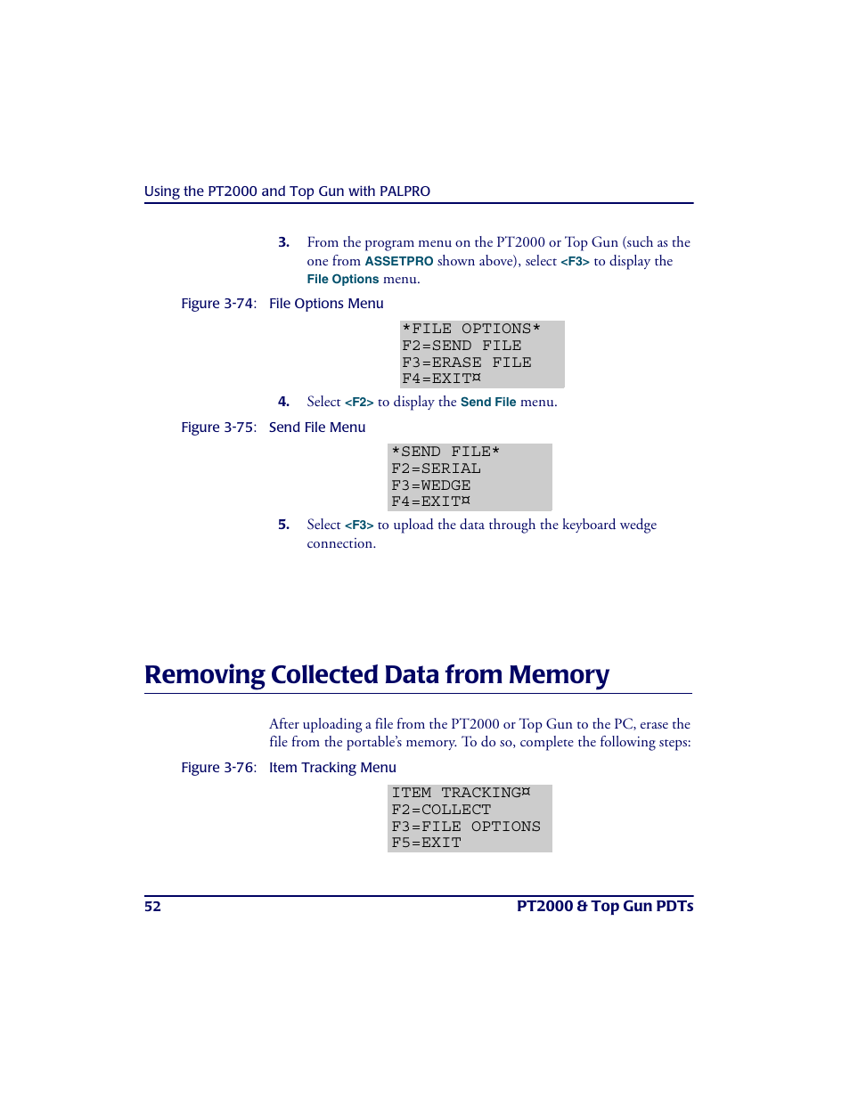 Removing collected data from memory, Re moving colle cte d da ta from me mory | PSC PT2000TM User Manual | Page 62 / 168
