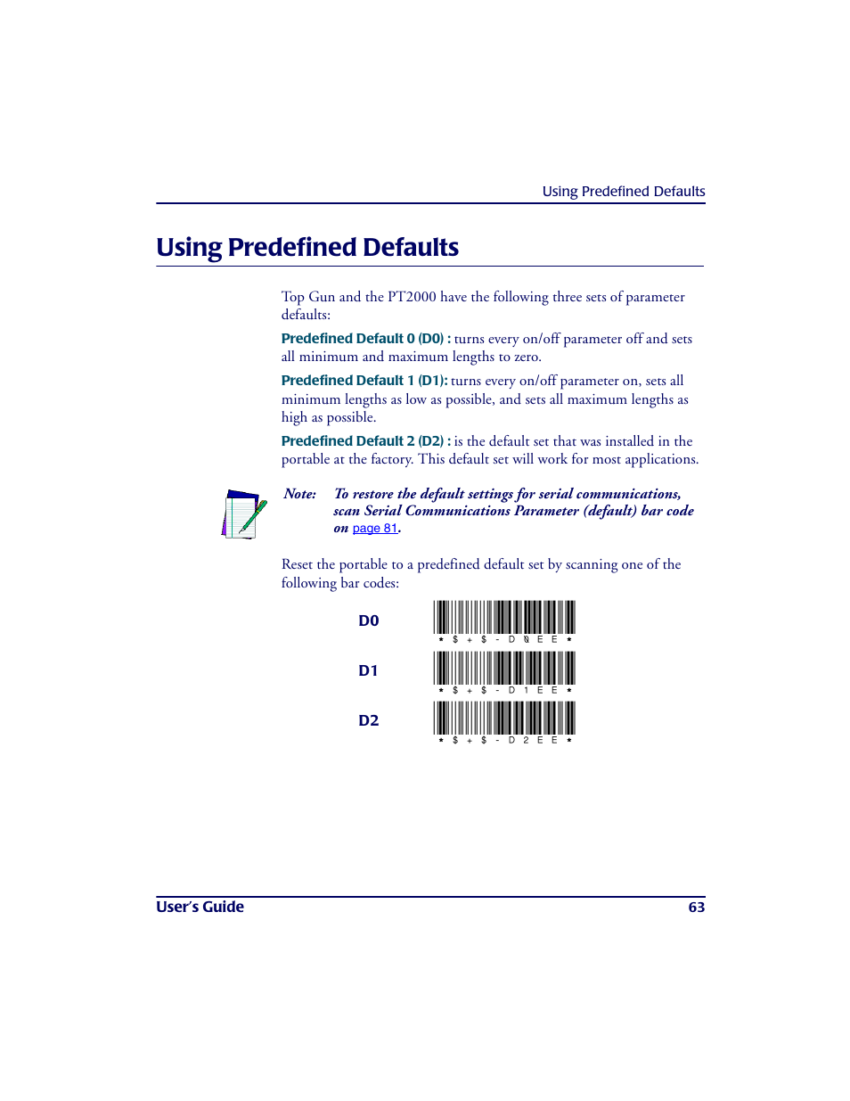 Using predefined defaults, Us ing pre de fine d de fa ults, D0ee | D1ee, D2ee | PSC PT2000TM User Manual | Page 73 / 168