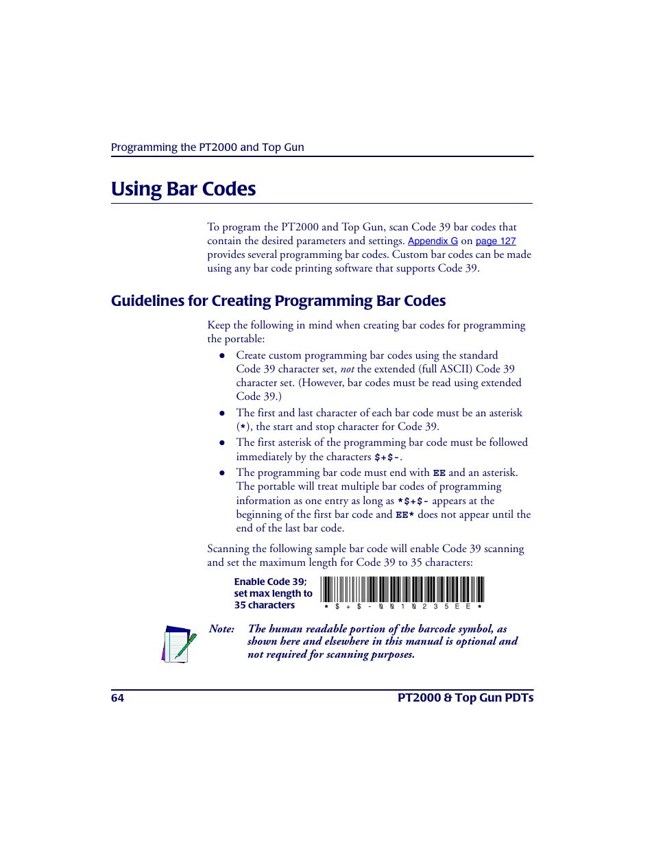 Using bar codes, Guidelines for creating programming bar codes, Us ing ba r code s | PSC PT2000TM User Manual | Page 74 / 168