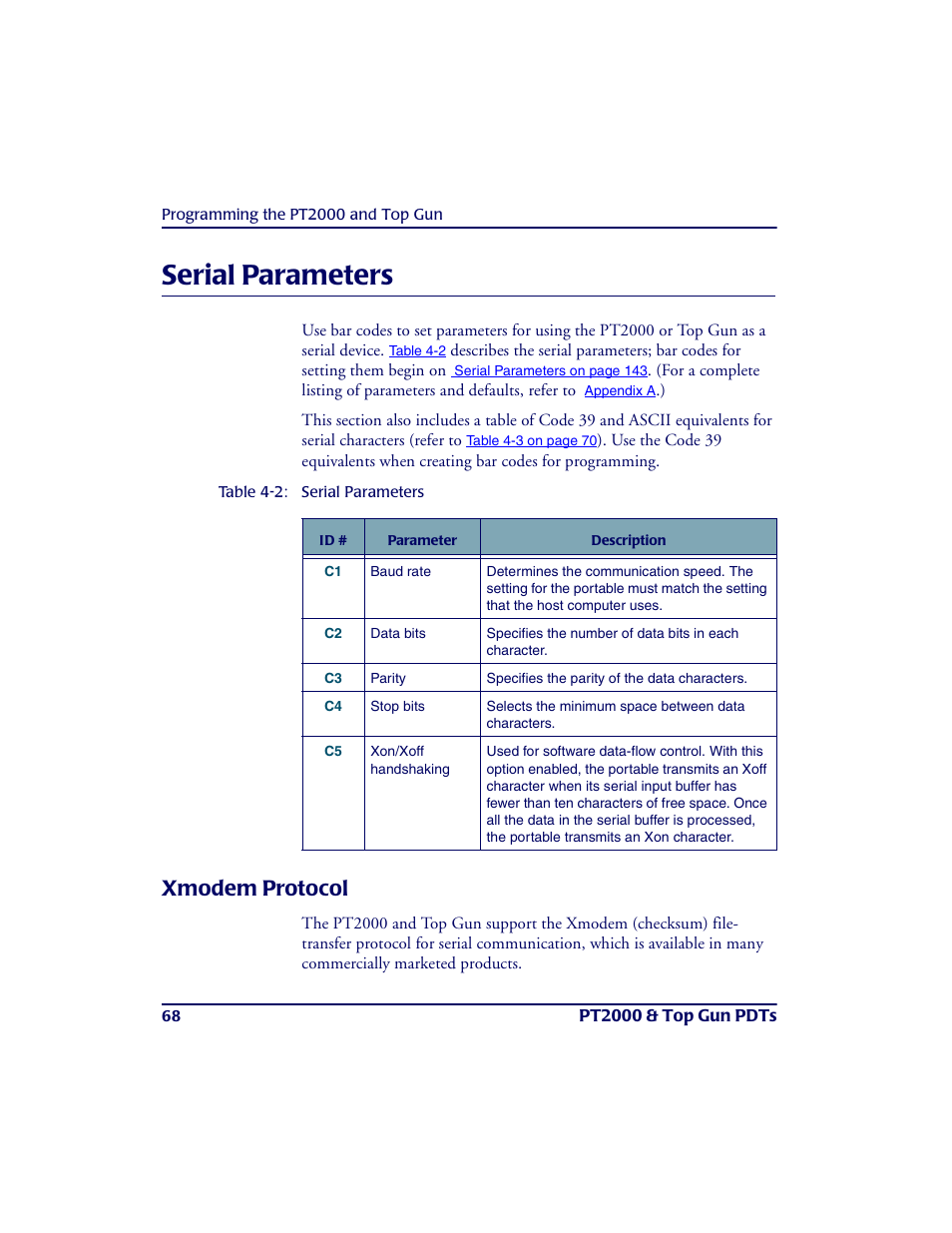 Serial parameters, Xmodem protocol, Beginning on | S e ria l pa ra me te rs, Table 4-2 | PSC PT2000TM User Manual | Page 78 / 168
