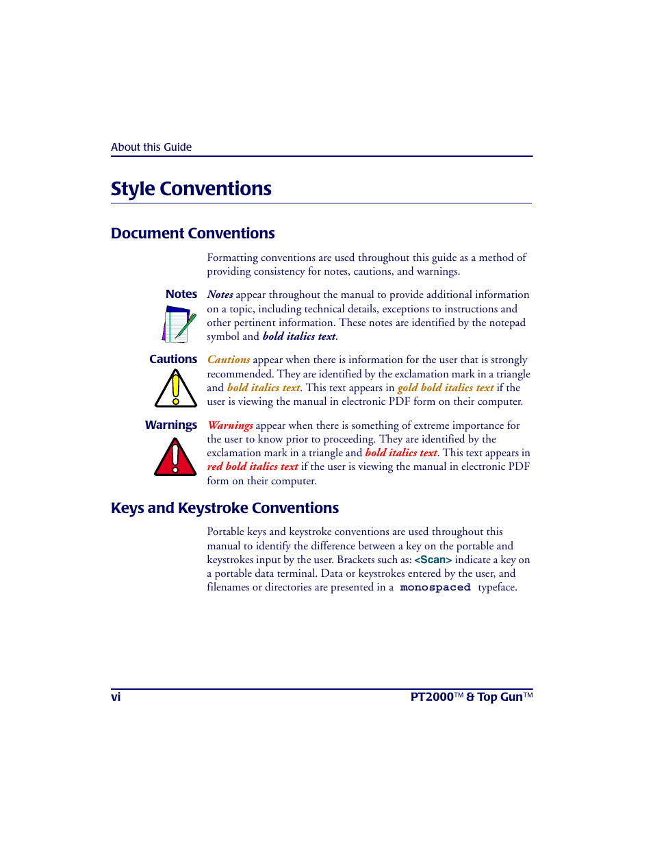 Style conventions, Document conventions, Keys and keystroke conventions | PSC PT2000TM User Manual | Page 8 / 168