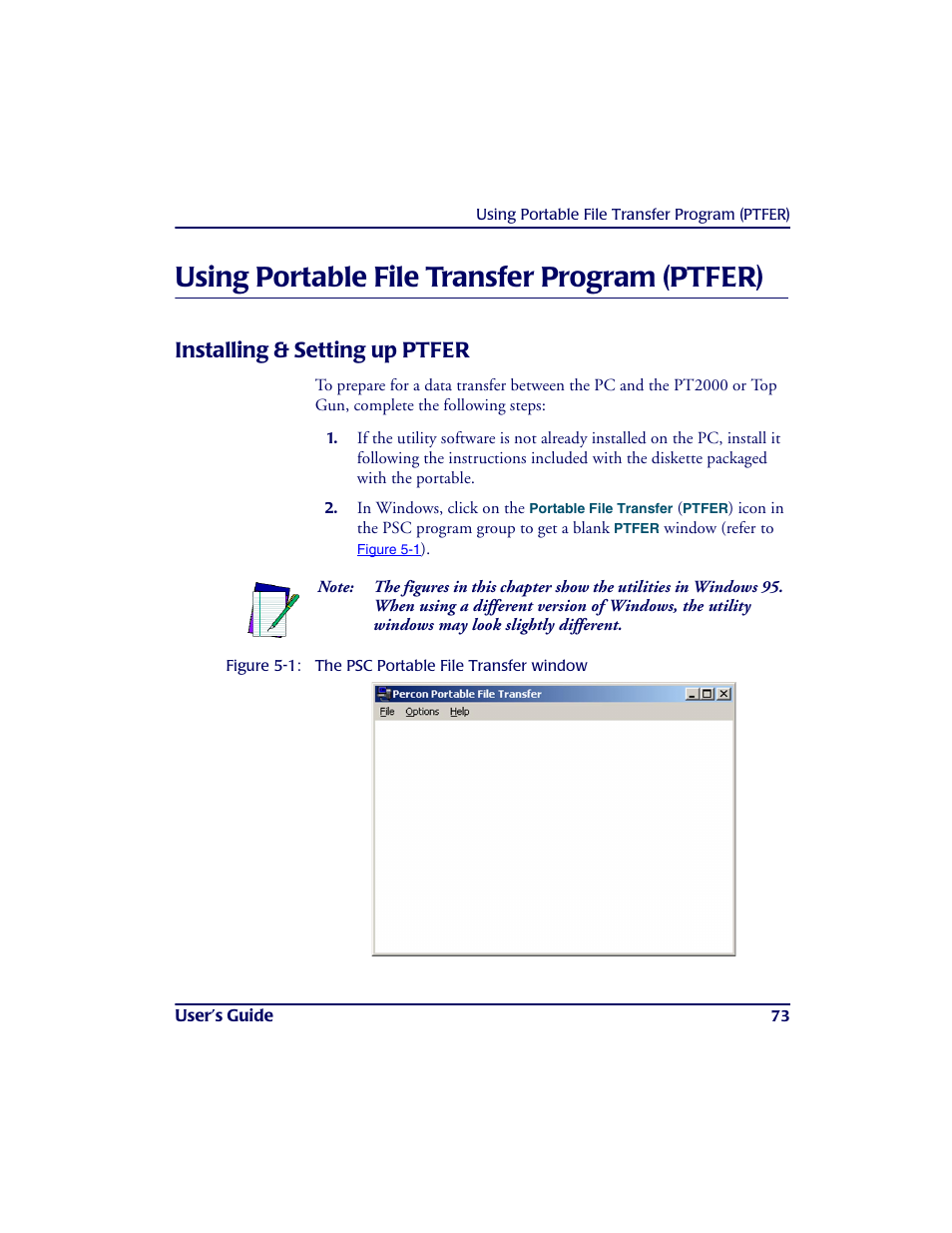 Using portable file transfer program (ptfer), Installing & setting up ptfer, Us ing porta ble file tra ns fe r progra m (ptfer) | PSC PT2000TM User Manual | Page 83 / 168