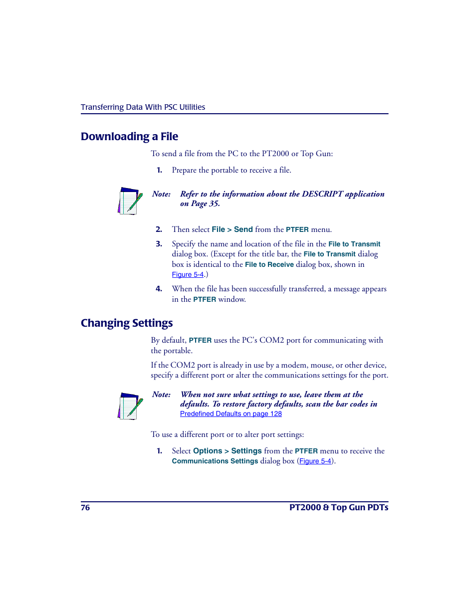 Downloading a file, Changing settings, Downloading a file changing settings | PSC PT2000TM User Manual | Page 86 / 168