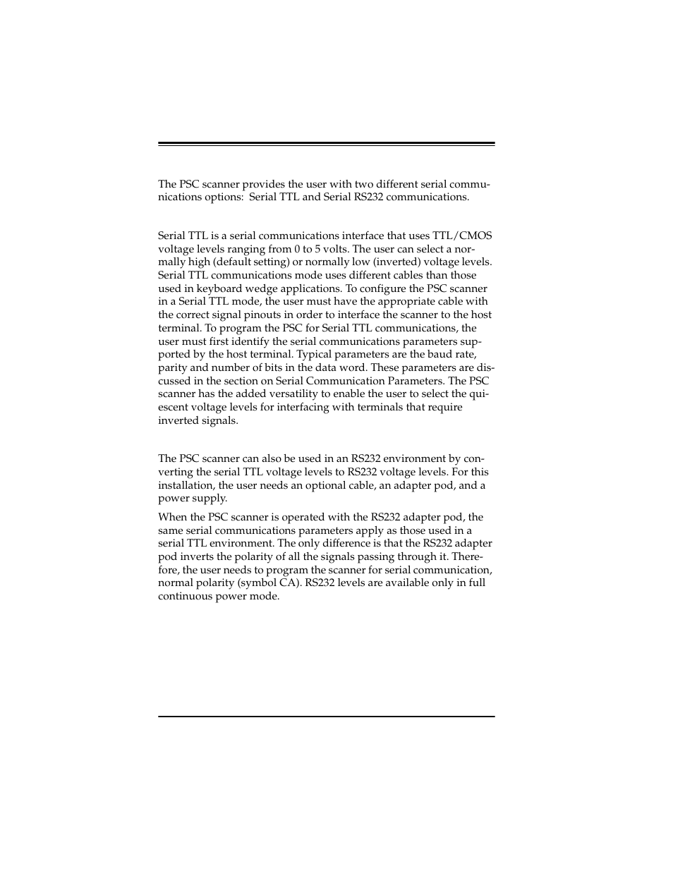 Serial communications, Serial ttl mode, Serial rs232 mode | Serial ttl mode serial rs232 mode | PSC Scanners User Manual | Page 10 / 84