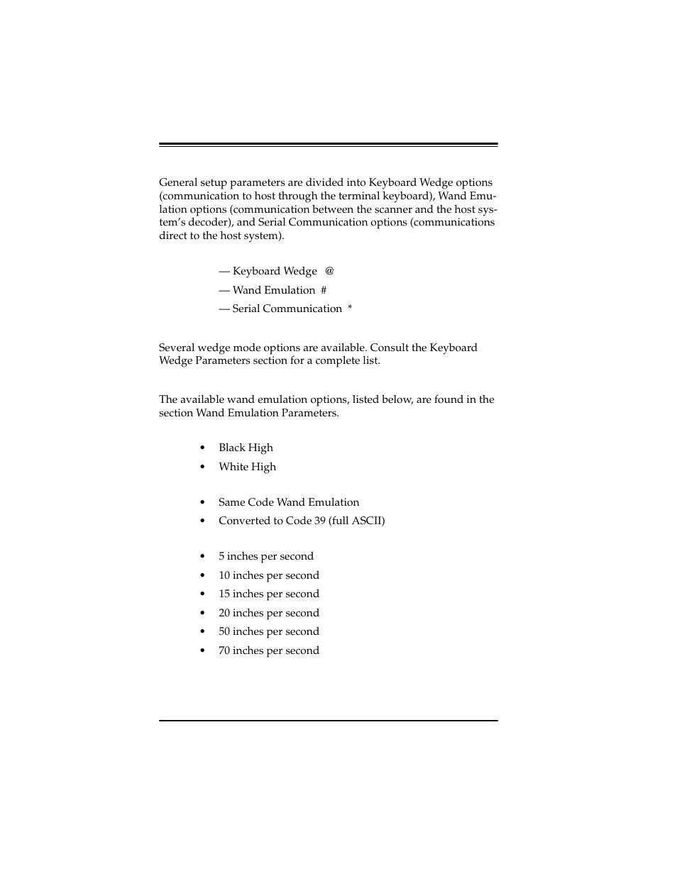 Setup overview, Wedge mode options, Wand emulation options | Wedge mode options wand emulation options | PSC Scanners User Manual | Page 14 / 84