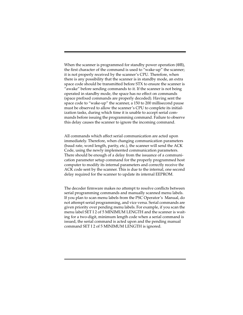Power standby and serial commands, Communication parameter changes, Manual scanning interaction | PSC Scanners User Manual | Page 39 / 84