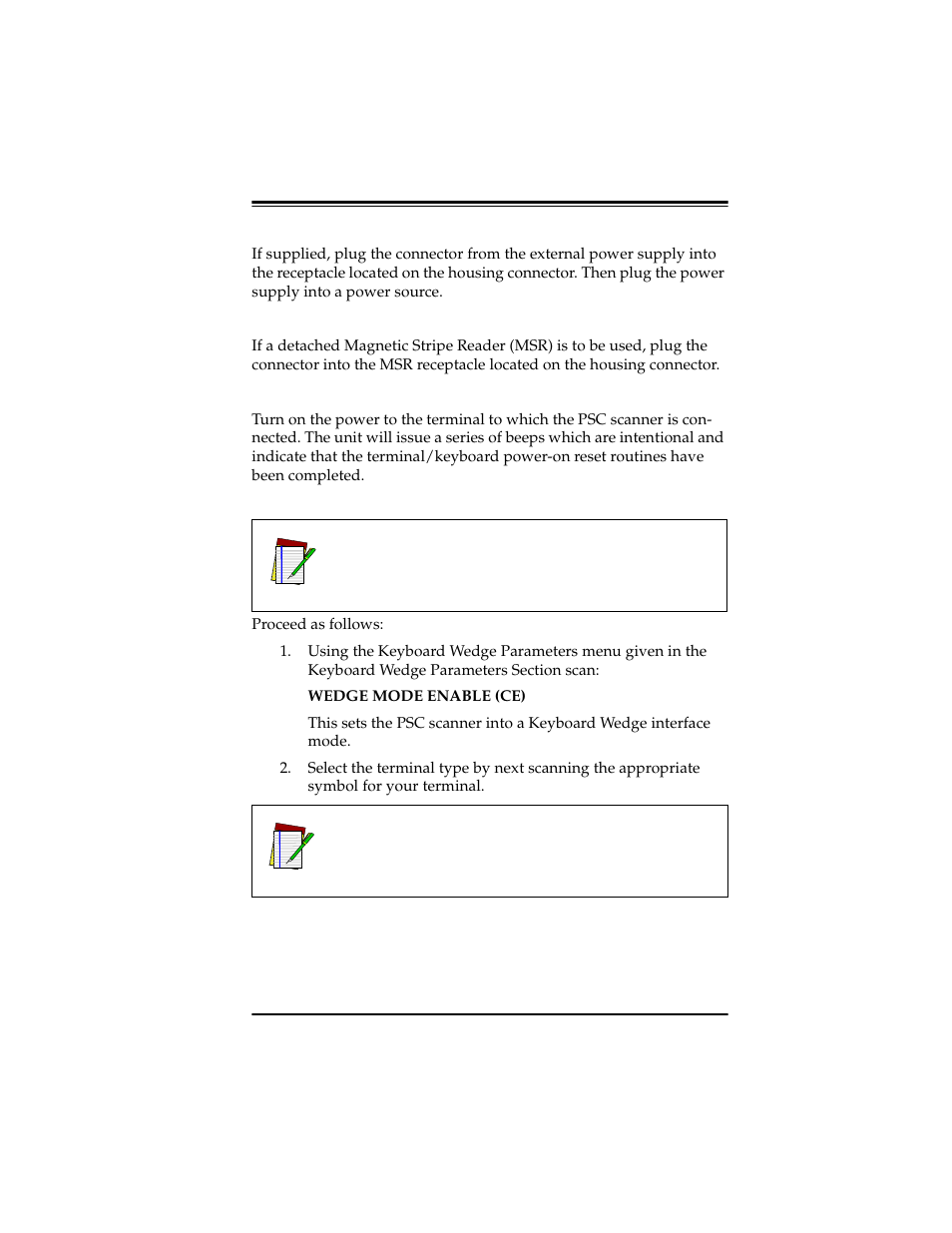 Connecting the power supply, Connecting a magnetic stripe reader, Terminal power-up sequence | PSC Scanners User Manual | Page 9 / 84