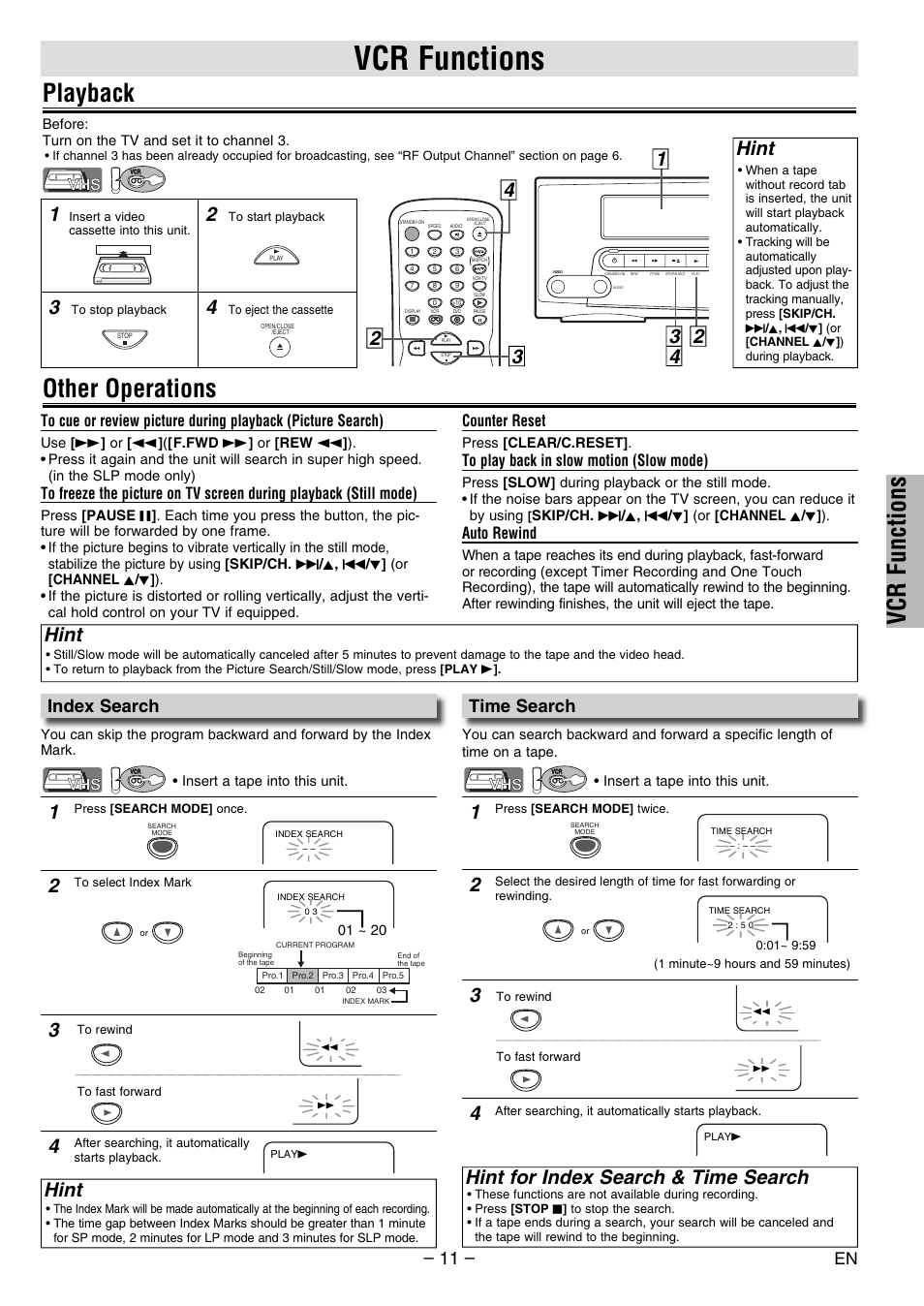 Vcr functions, Playback, Other operations | Hint, Hint for index search & time search, Index search, Time search, Counter reset, Auto rewind | Philco PVD2000 User Manual | Page 11 / 28