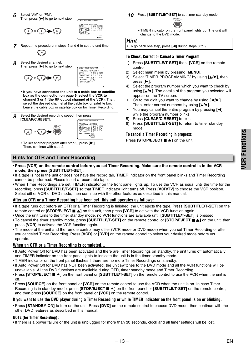 Vcr functions, Hint, Hints for otr and timer recording | When an otr or a timer recording is completed | Philco PVD2000 User Manual | Page 13 / 28