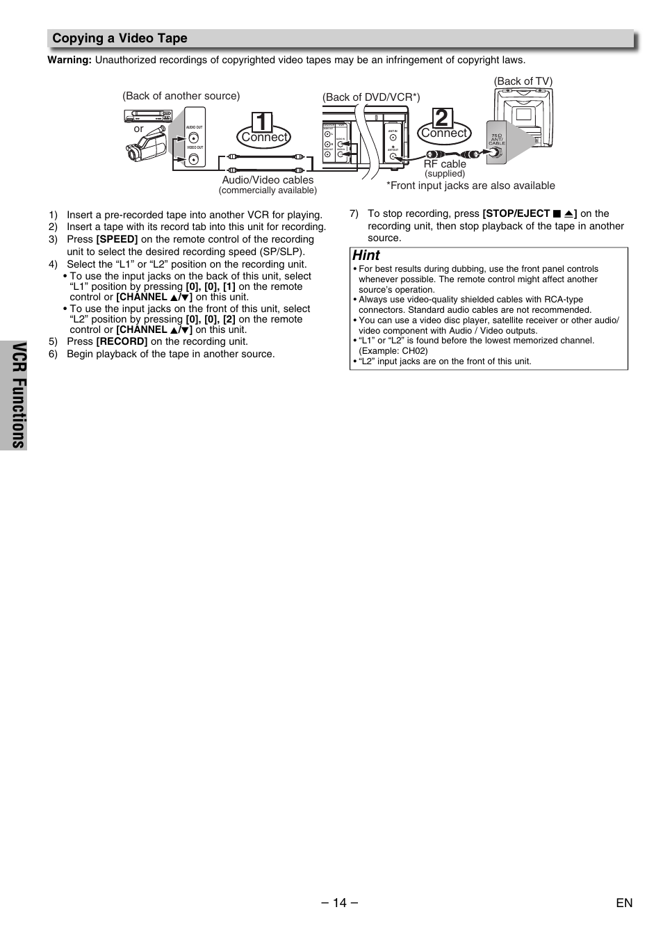 Vcr functions, Hint, Copying a video tape | Connect, Audio/video cables, Rf cable, Front input jacks are also available, Commercially available), Supplied) | Philco PVD2000 User Manual | Page 14 / 28