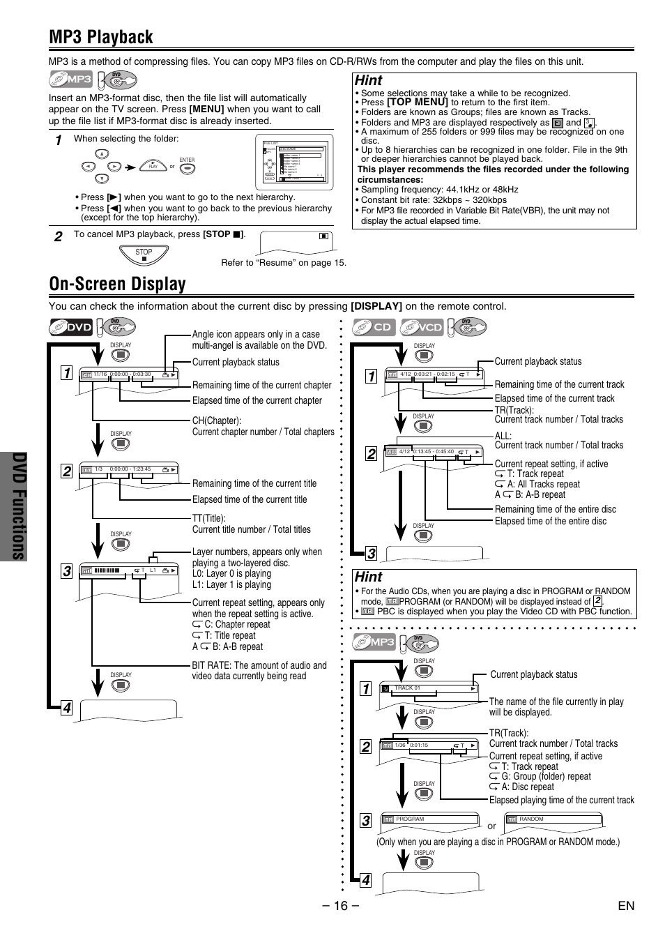 Dvd functions, Mp3 playback on-screen display, Hint | Philco PVD2000 User Manual | Page 16 / 28