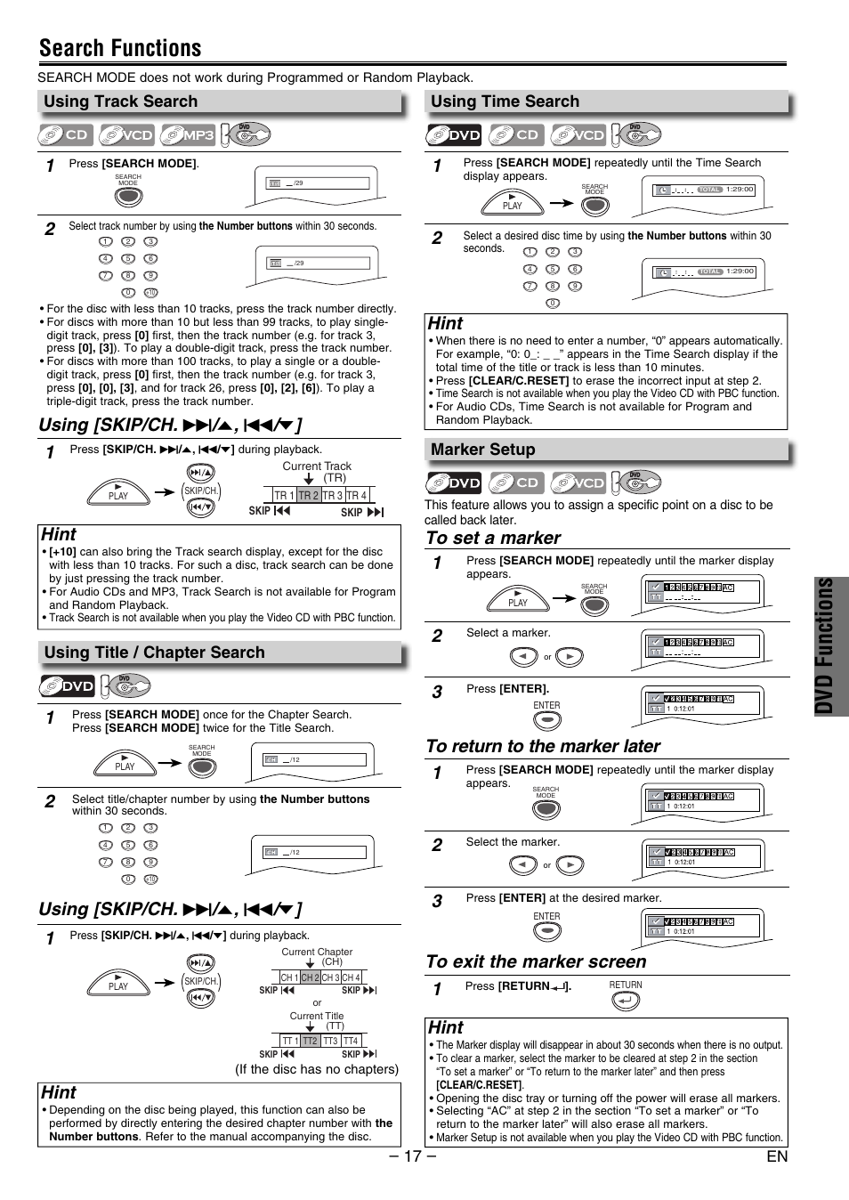 Dvd functions, Search functions, Using [skip/ch. g / o , h / p | Hint, Using track search, Using time search, Marker setup, Using title / chapter search | Philco PVD2000 User Manual | Page 17 / 28