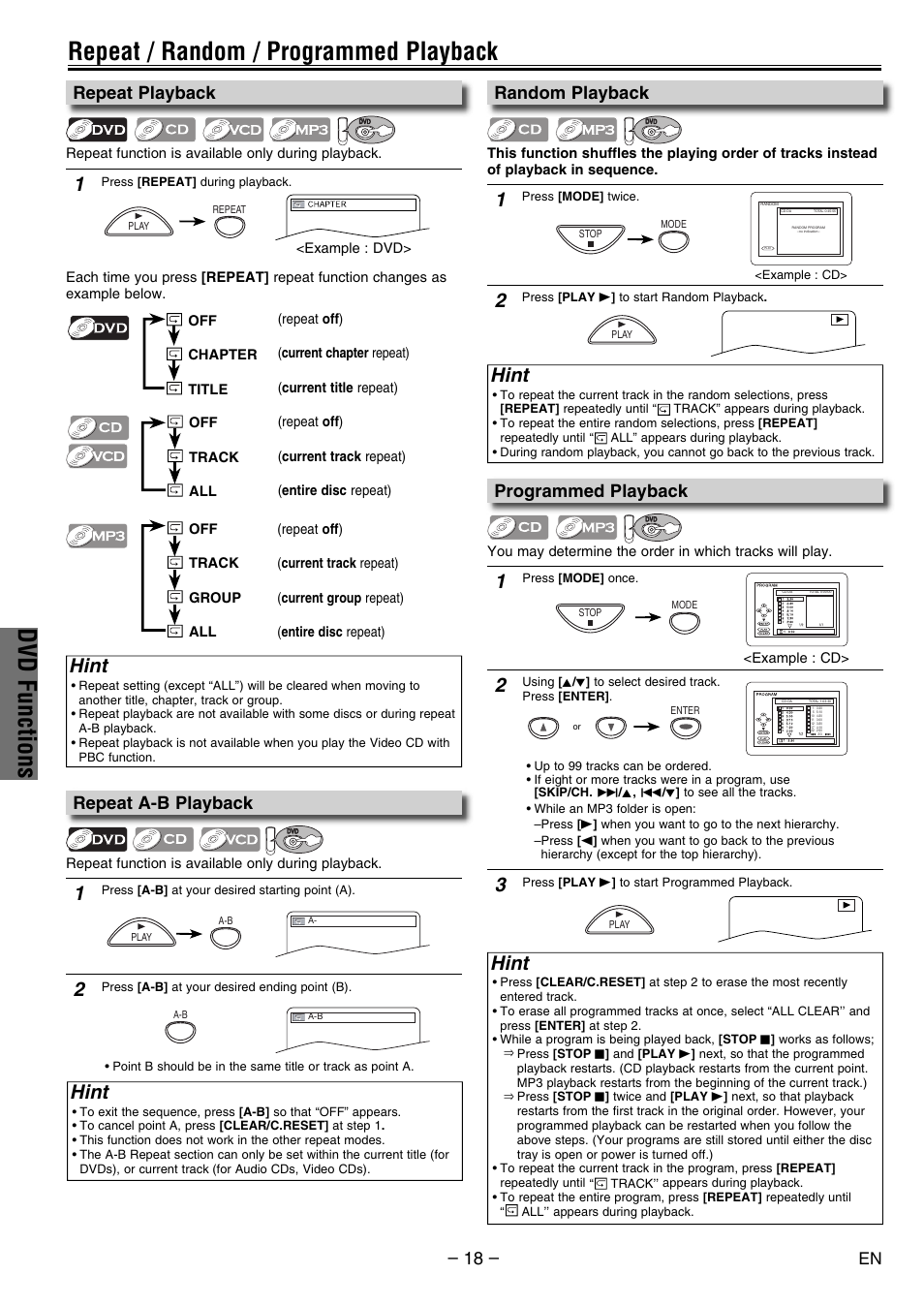 Dvd functions, Repeat / random / programmed playback, Hint | Repeat playback, Programmed playback, Random playback, Repeat a-b playback | Philco PVD2000 User Manual | Page 18 / 28