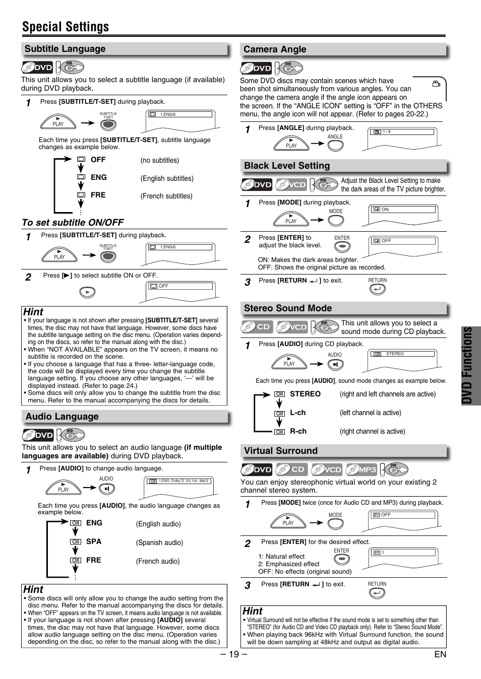 Dvd functions, Special settings, Hint | Subtitle language, Camera angle, Stereo sound mode, Black level setting, Virtual surround, Audio language | Philco PVD2000 User Manual | Page 19 / 28