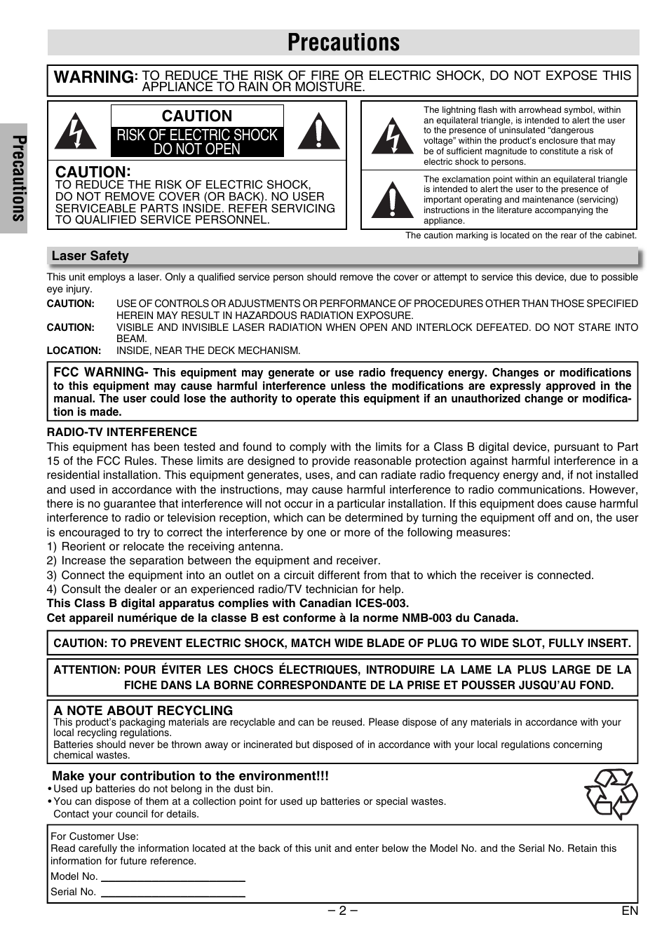 Precautions, Warning, Caution risk of electric shock do not open caution | Philco PVD2000 User Manual | Page 2 / 28